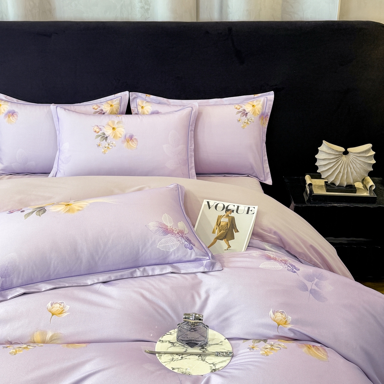 91家纺网 家纺一手货源 找家纺 喜四方 2026新款100%全棉60支长绒棉数码印花四件套（控价不低于180）秋季漫想-紫