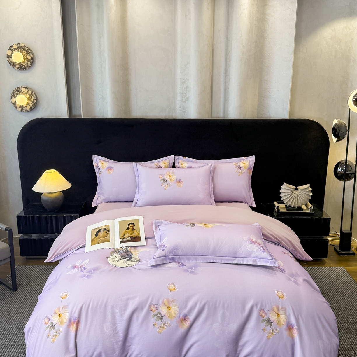 91家纺网 家纺一手货源 找家纺 喜四方 2026新款100%全棉60支长绒棉数码印花四件套（控价不低于180）秋季漫想-紫