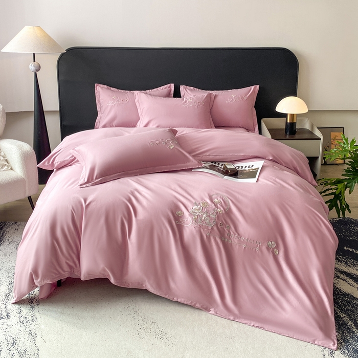 昊翔家纺 2026全棉纯棉刺绣花四件套40支长绒棉100% 棉礼盒包装 朝花-贵族粉