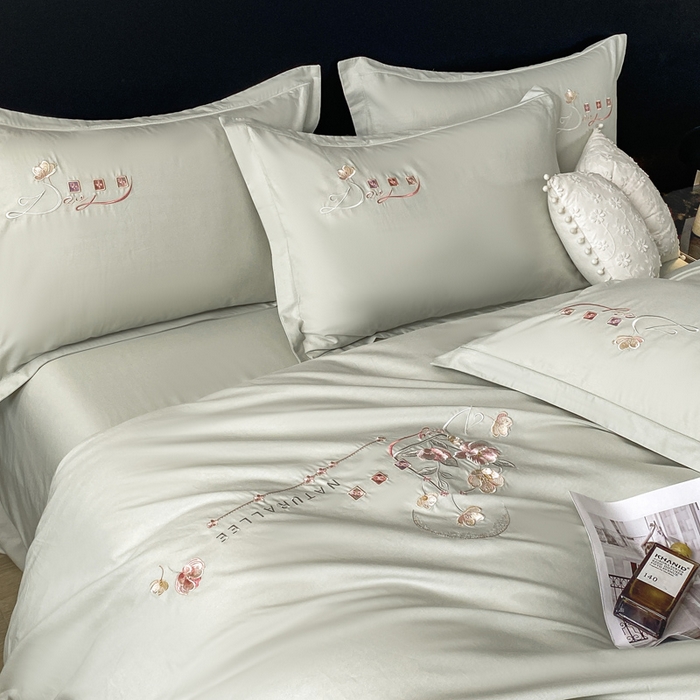 91家纺网 家纺一手货源 找家纺 昊翔家纺 2026全棉纯棉刺绣花四件套40支长绒棉100% 棉礼盒包装 朝花-水绿