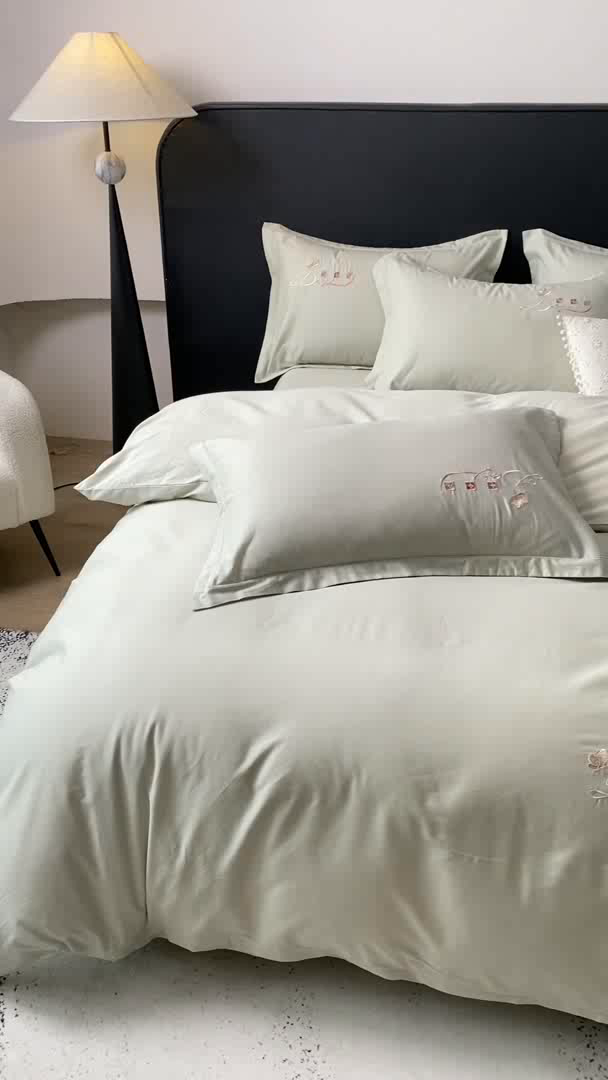 91家纺网 家纺一手货源 找家纺 昊翔家纺 2026全棉纯棉刺绣花四件套40支长绒棉100% 棉礼盒包装 朝花-水绿