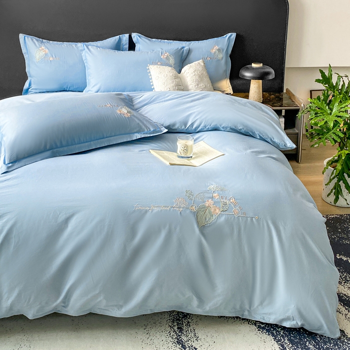 91家纺网 家纺一手货源 找家纺 昊翔家纺 2026全棉纯棉刺绣花四件套40支长绒棉100% 棉礼盒包装 朝花-天空兰