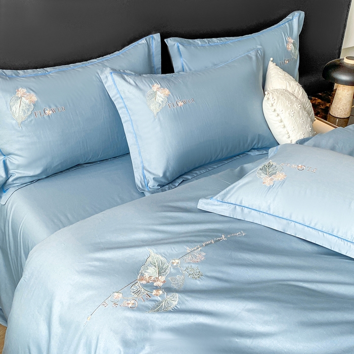 91家纺网 家纺一手货源 找家纺 昊翔家纺 2026全棉纯棉刺绣花四件套40支长绒棉100% 棉礼盒包装 朝花-天空兰