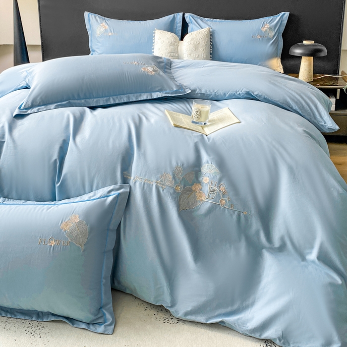 91家纺网 家纺一手货源 找家纺 昊翔家纺 2026全棉纯棉刺绣花四件套40支长绒棉100% 棉礼盒包装 朝花-天空兰