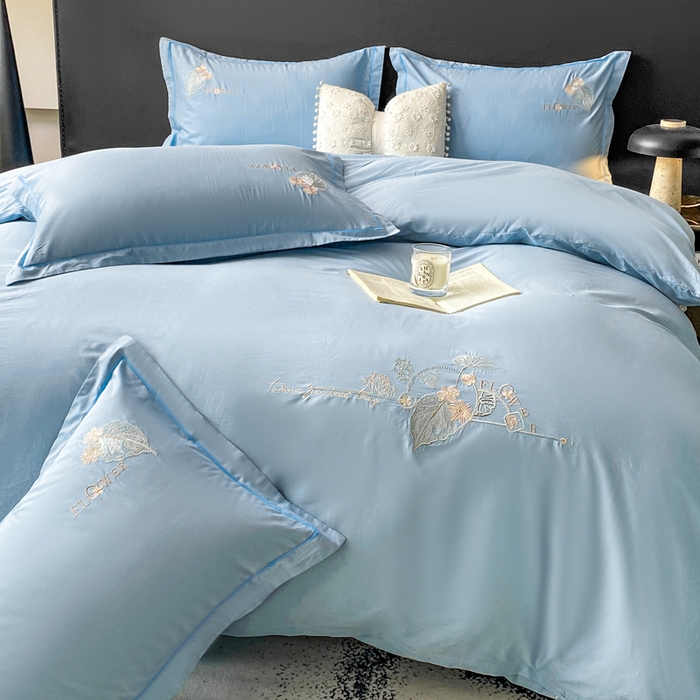 91家纺网 家纺一手货源 找家纺 昊翔家纺 2026全棉纯棉刺绣花四件套40支长绒棉100% 棉礼盒包装 朝花-天空兰