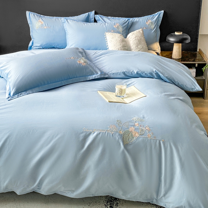 91家纺网 家纺一手货源 找家纺 昊翔家纺 2026全棉纯棉刺绣花四件套40支长绒棉100% 棉礼盒包装 朝花-天空兰