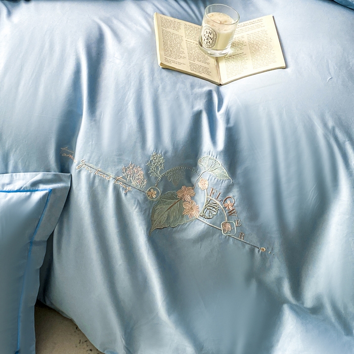 91家纺网 家纺一手货源 找家纺 昊翔家纺 2026全棉纯棉刺绣花四件套40支长绒棉100% 棉礼盒包装 朝花-天空兰