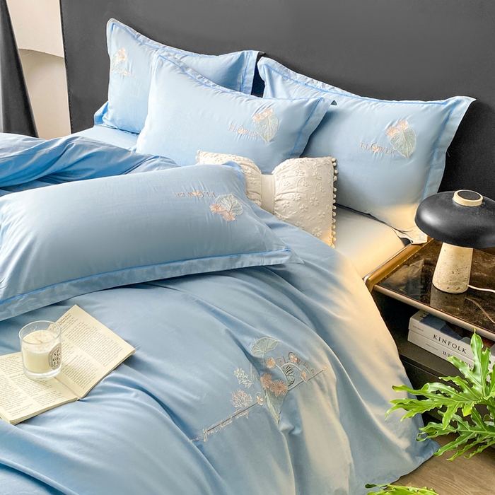 91家纺网 家纺一手货源 找家纺 昊翔家纺 2026全棉纯棉刺绣花四件套40支长绒棉100% 棉礼盒包装 朝花-天空兰
