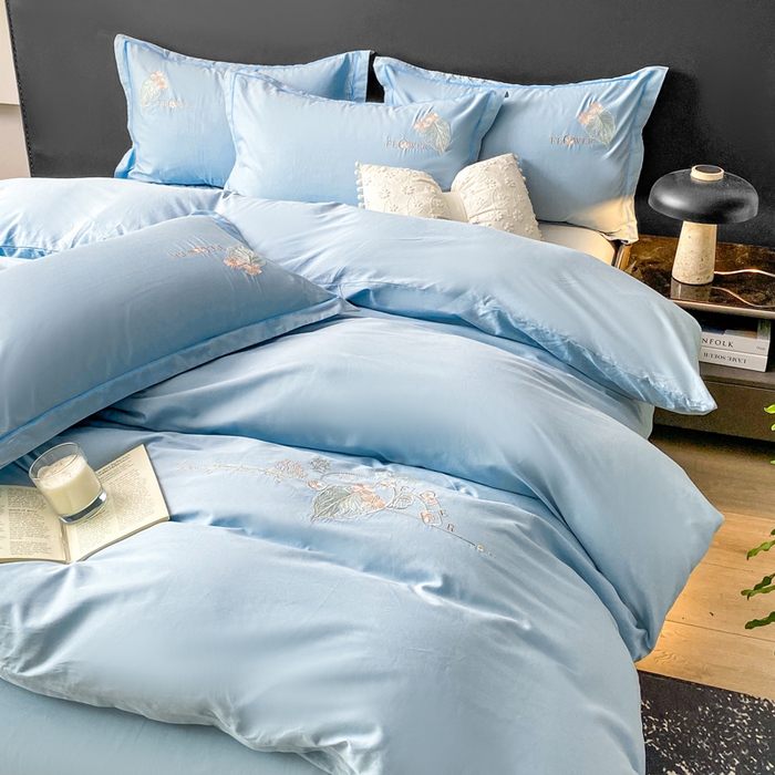 91家纺网 家纺一手货源 找家纺 昊翔家纺 2026全棉纯棉刺绣花四件套40支长绒棉100% 棉礼盒包装 朝花-天空兰