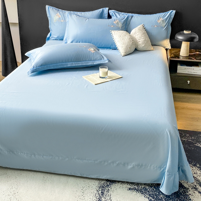 91家纺网 家纺一手货源 找家纺 昊翔家纺 2026全棉纯棉刺绣花四件套40支长绒棉100% 棉礼盒包装 朝花-天空兰