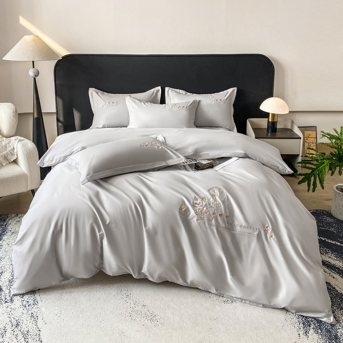 昊翔家纺 2026全棉纯棉刺绣花四件套40支长绒棉100% 棉礼盒包装 朝花-银灰