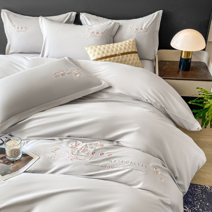 91家纺网 家纺一手货源 找家纺 昊翔家纺 2026全棉纯棉刺绣花四件套40支长绒棉100% 棉礼盒包装 朝花-银灰