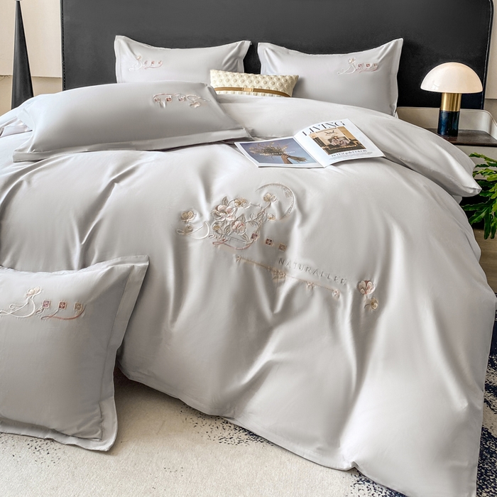 91家纺网 家纺一手货源 找家纺 昊翔家纺 2026全棉纯棉刺绣花四件套40支长绒棉100% 棉礼盒包装 朝花-银灰