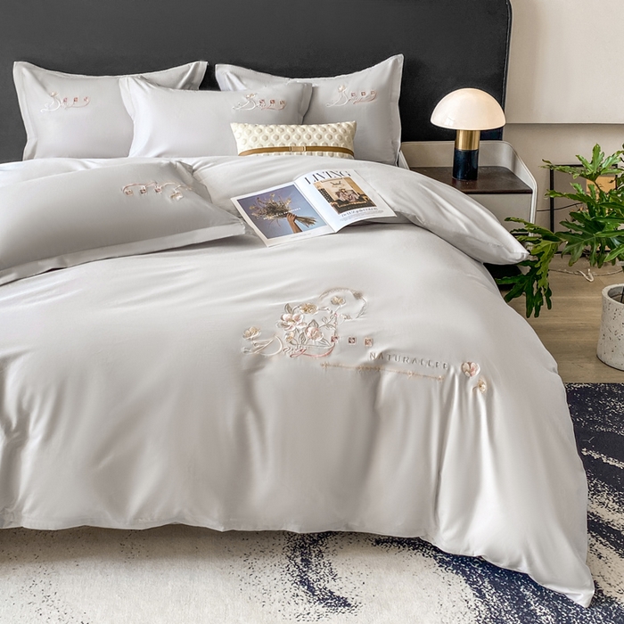 91家纺网 家纺一手货源 找家纺 昊翔家纺 2026全棉纯棉刺绣花四件套40支长绒棉100% 棉礼盒包装 朝花-银灰