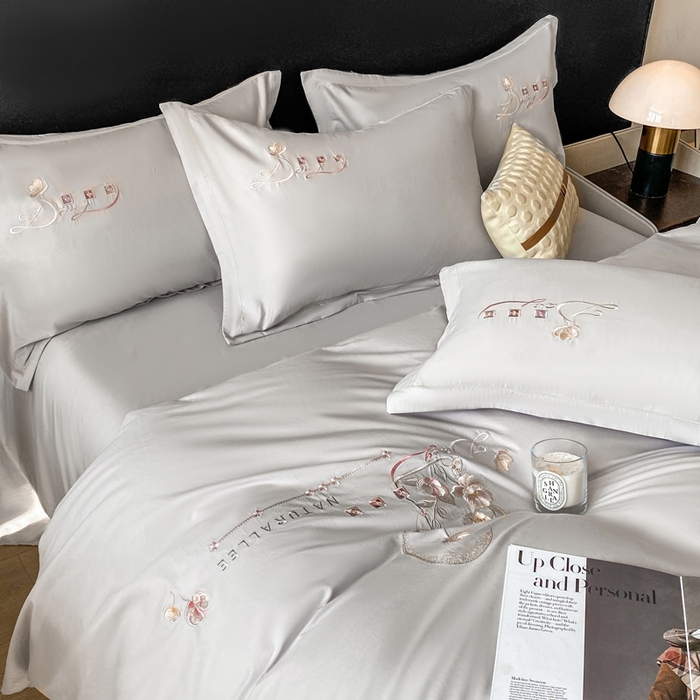 91家纺网 家纺一手货源 找家纺 昊翔家纺 2026全棉纯棉刺绣花四件套40支长绒棉100% 棉礼盒包装 朝花-银灰