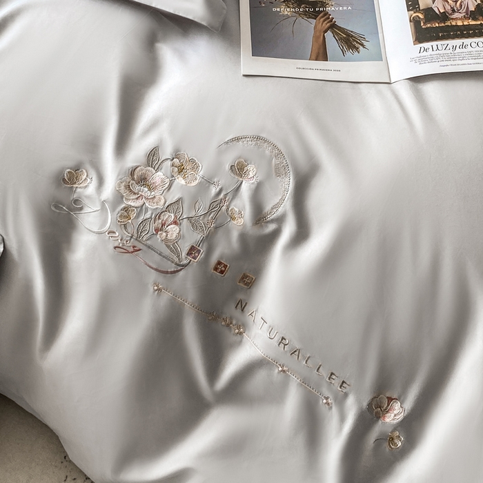 91家纺网 家纺一手货源 找家纺 昊翔家纺 2026全棉纯棉刺绣花四件套40支长绒棉100% 棉礼盒包装 朝花-银灰