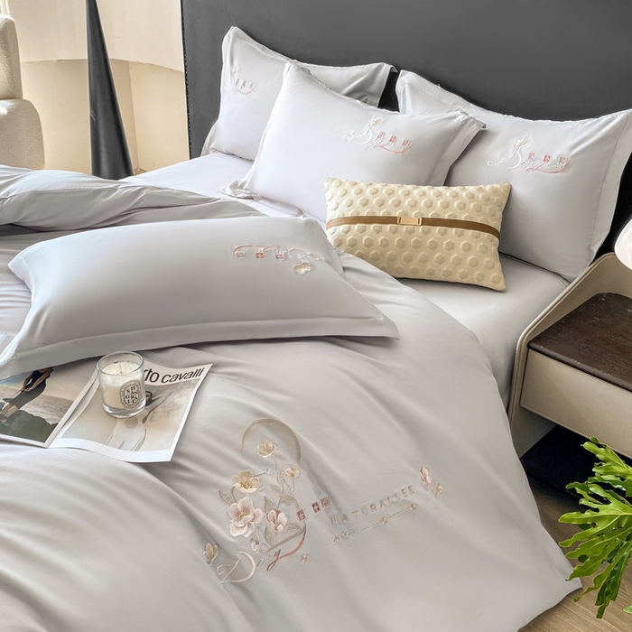 91家纺网 家纺一手货源 找家纺 昊翔家纺 2026全棉纯棉刺绣花四件套40支长绒棉100% 棉礼盒包装 朝花-银灰