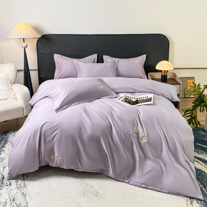 昊翔家纺 2026全棉纯棉刺绣花四件套40支长绒棉100% 棉礼盒包装 澜韵-淡雅紫