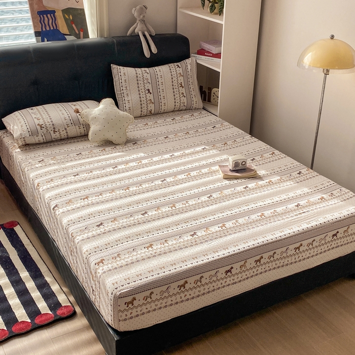 91家纺网 家纺一手货源 找家纺 赛琳 2026新款泡芙纱床笠系列单床笠床笠单件（有买家秀） 栗色木马纹