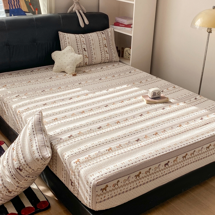 91家纺网 家纺一手货源 找家纺 赛琳 2026新款泡芙纱床笠系列单床笠床笠单件（有买家秀） 栗色木马纹