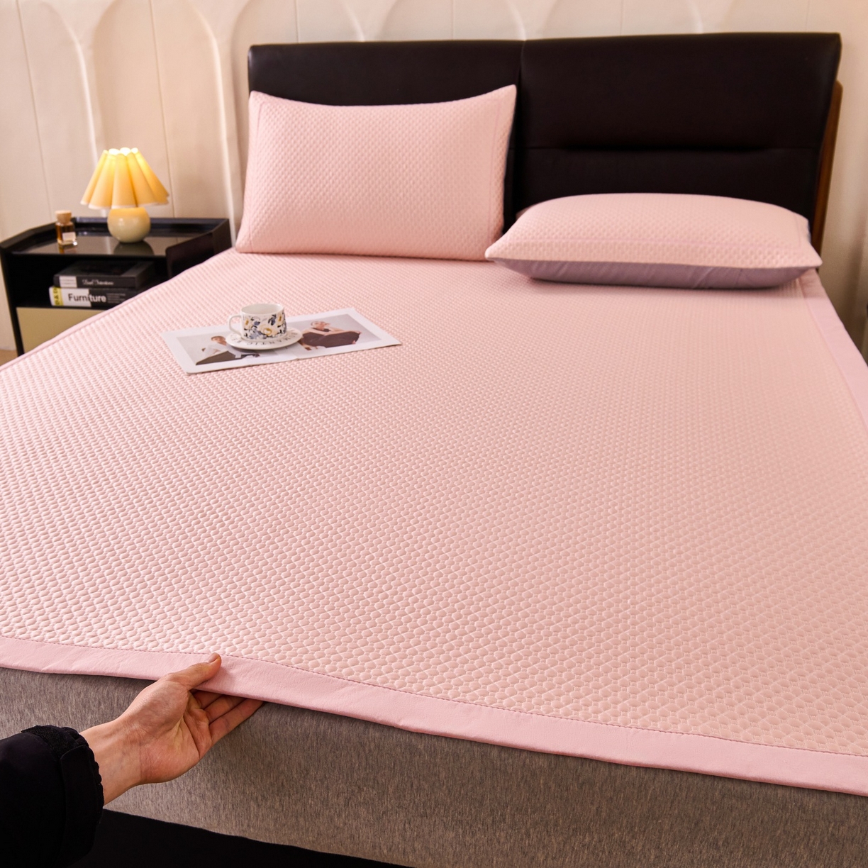 席之家 2026新款PE中分子凉席三件套纯色平铺豆豆席-四叶草 四叶草-蜜桃粉