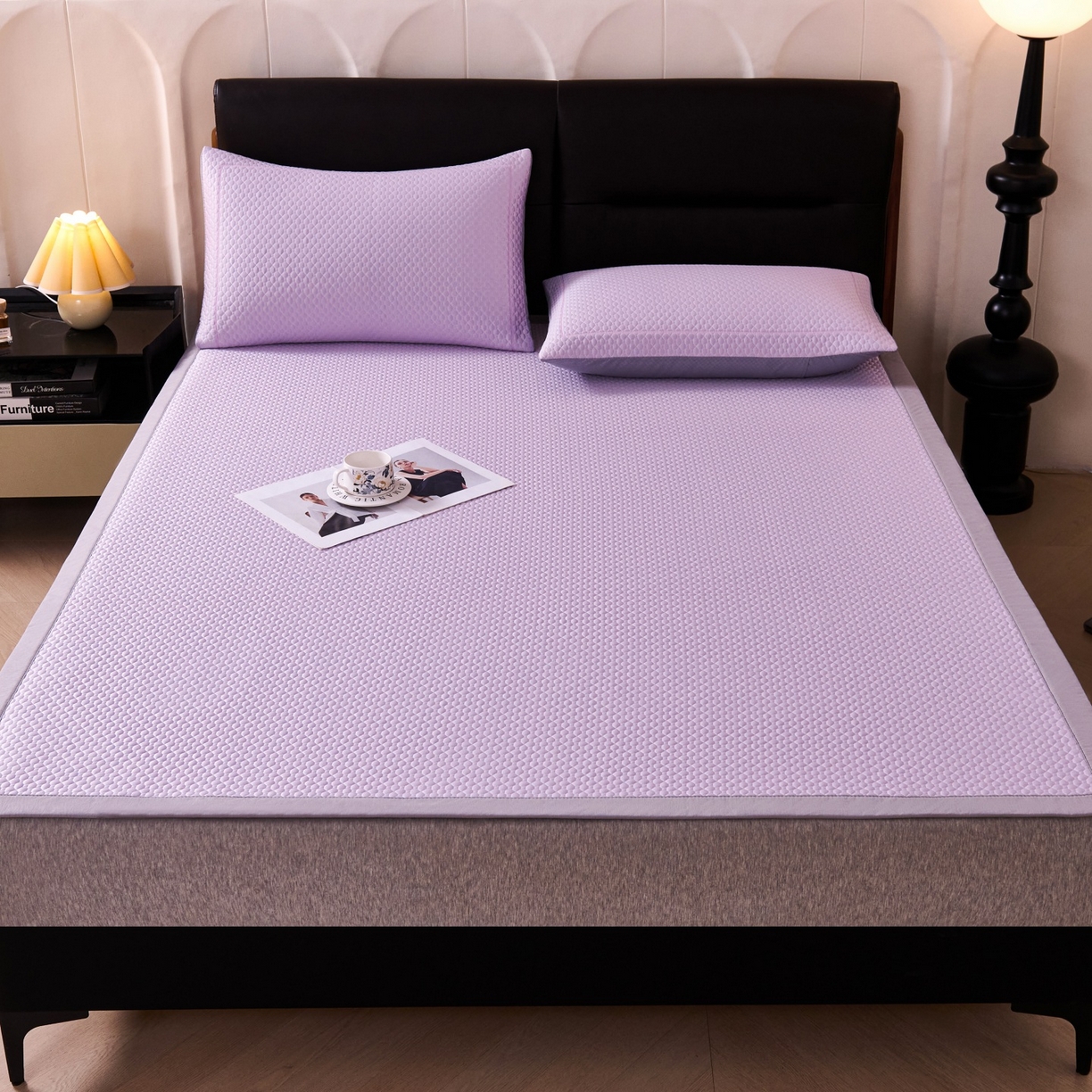 91家纺网 家纺一手货源 找家纺 席之家 2026新款PE中分子凉席三件套纯色平铺豆豆席-四叶草 四叶草-优雅紫