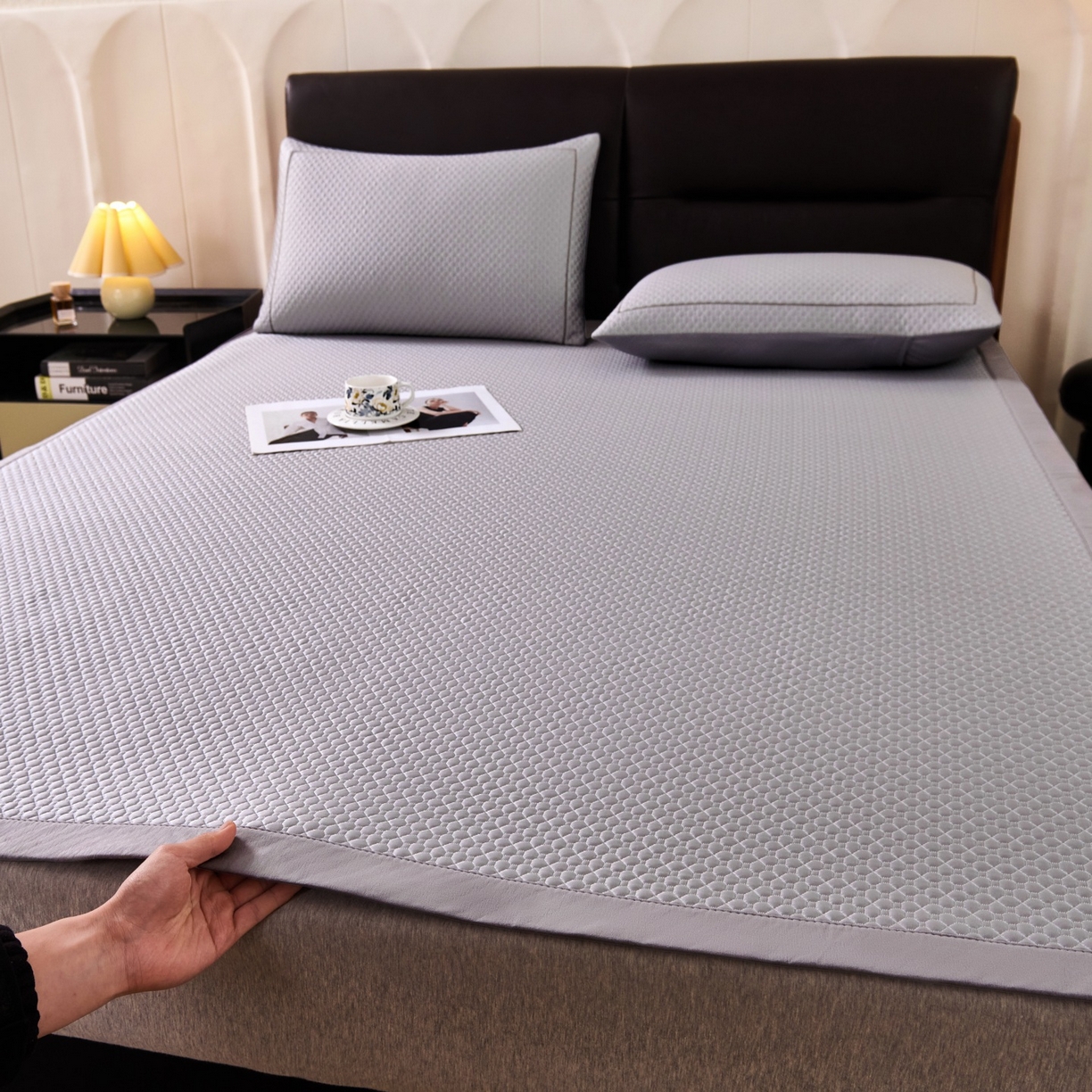 席之家 2026新款PE中分子凉席三件套纯色平铺豆豆席-四叶草 四叶草-高雅灰