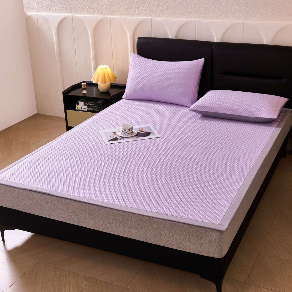 91家纺网 家纺一手货源 找家纺 席之家 2026新款PE中分子凉席三件套纯色平铺豆豆席-四叶草 四叶草-优雅紫