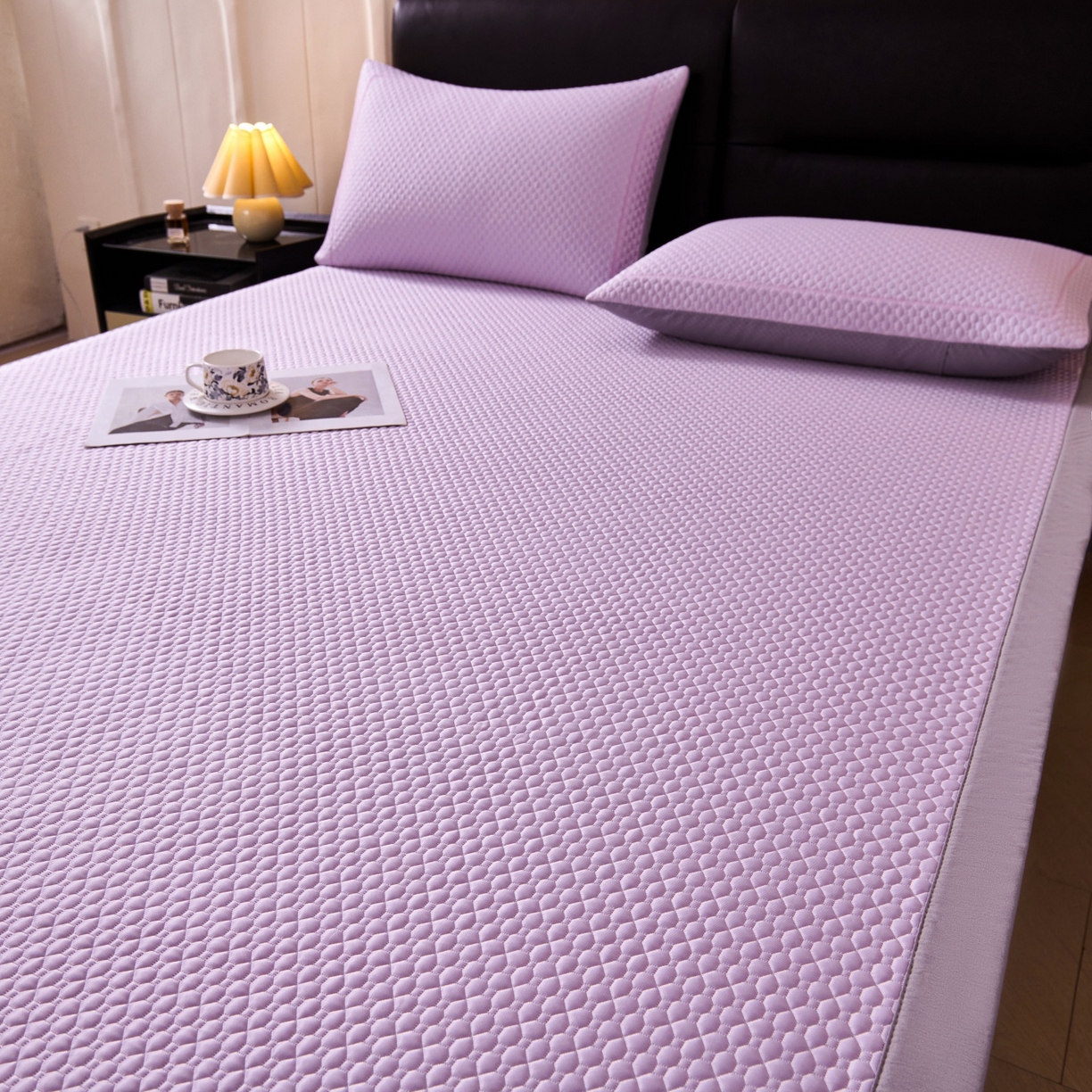 91家纺网 家纺一手货源 找家纺 席之家 2026新款PE中分子凉席三件套纯色平铺豆豆席-四叶草 四叶草-优雅紫