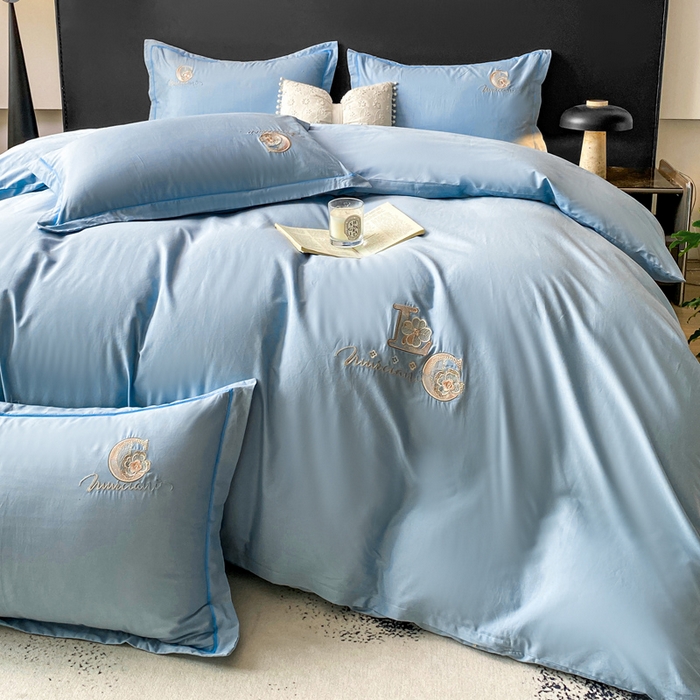 91家纺网 家纺一手货源 找家纺 昊翔家纺 2026全棉纯棉刺绣花四件套40支长绒棉100% 棉礼盒包装 澜韵-天空兰