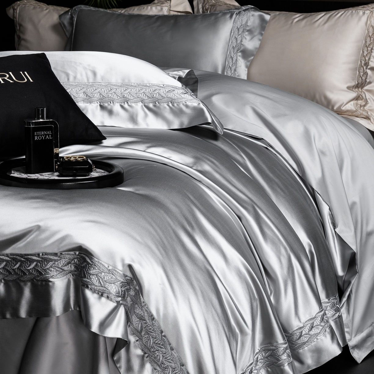 91家纺网 家纺一手货源 找家纺 馨蕊家居 2026春夏新款款100s全棉纯棉高精密四件套-米娅 米娅-高级灰