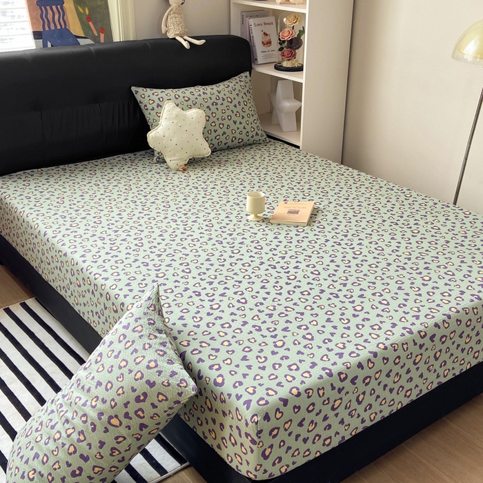 91家纺网 家纺一手货源 找家纺 赛琳 2026新款泡芙纱床笠系列单床笠床笠单件（有买家秀） 绿绸豹纹心