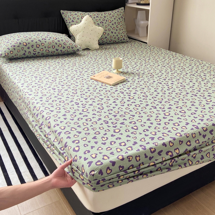 91家纺网 家纺一手货源 找家纺 赛琳 2026新款泡芙纱床笠系列单床笠床笠单件（有买家秀） 绿绸豹纹心