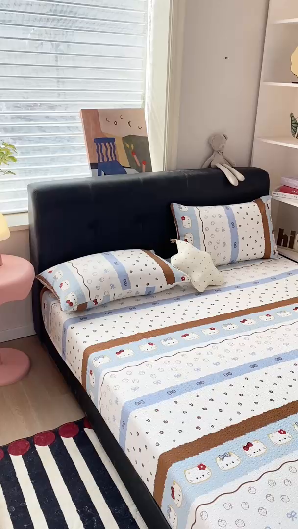 91家纺网 家纺一手货源 找家纺 赛琳 2026新款泡芙纱床笠系列单床笠床笠单件（有买家秀） 猫咪集蓝