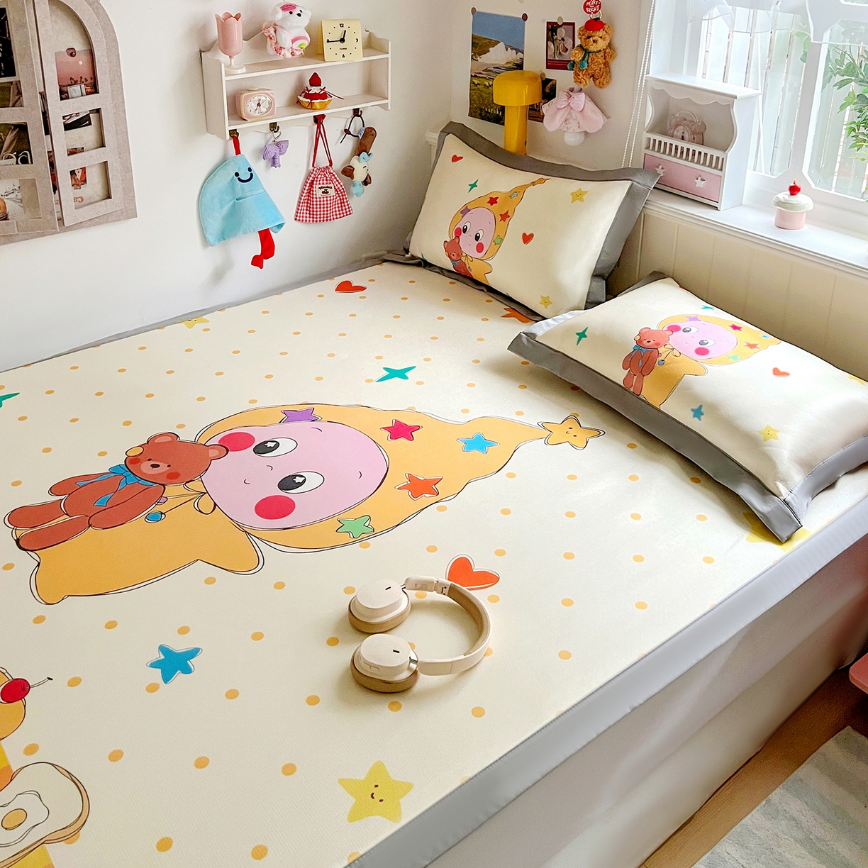 91家纺网 家纺一手货源 找家纺 KT猫直营店 2026新款数码卡通印花凉感冰丝软凉席席子 星仔面包铺-席