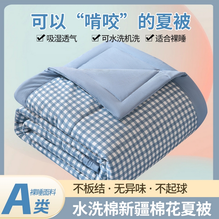 91家纺网 家纺一手货源 找家纺 欧朵家纺 2026春夏新款水洗棉新疆棉花被夏凉被空调被 蓝小格