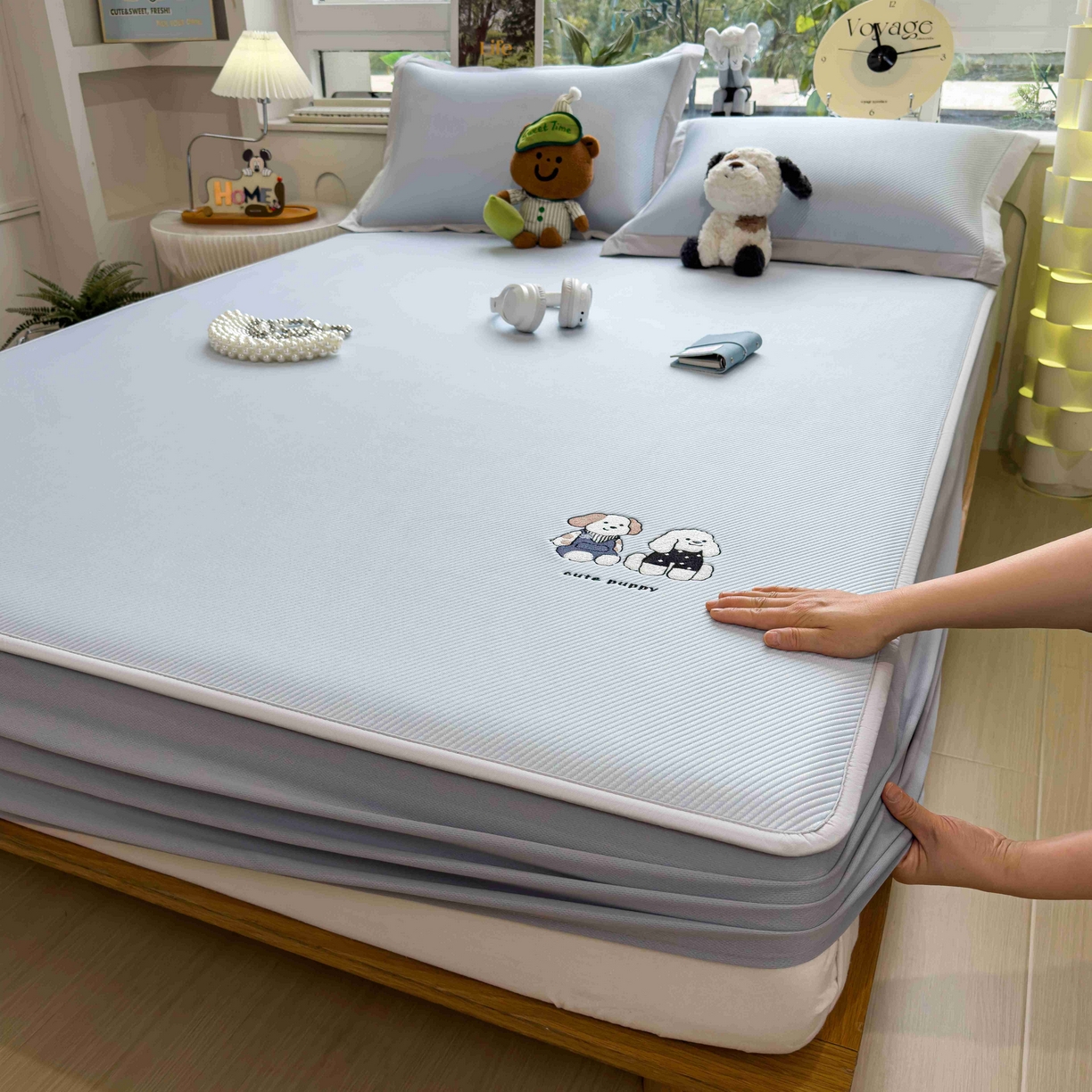 孩子王家纺 2026春夏新款可机洗冰豆豆冰丝席凉席席子a类母婴级婴儿可用凉感值过0.21 可爱小狗 床笠款