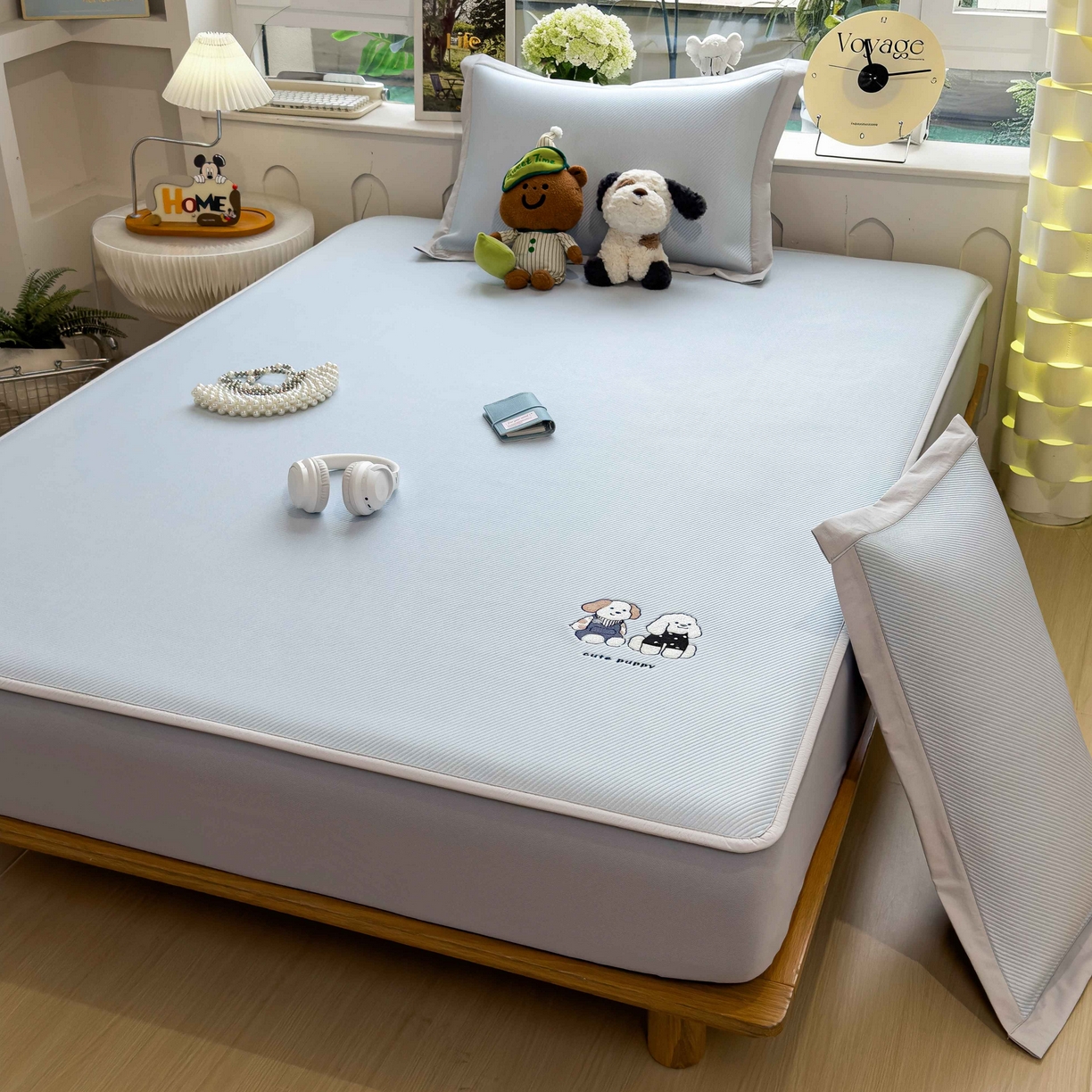 91家纺网 家纺一手货源 找家纺 孩子王家纺 2026春夏新款可机洗冰豆豆冰丝席凉席席子a类母婴级婴儿可用凉感值过0.21 可爱小狗 床笠款