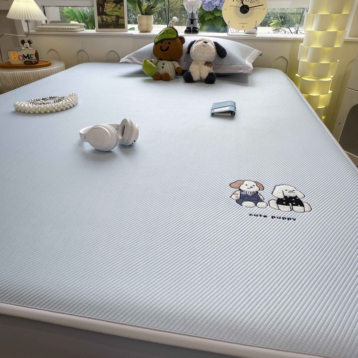 91家纺网 家纺一手货源 找家纺 孩子王家纺 2026春夏新款可机洗冰豆豆冰丝席凉席席子a类母婴级婴儿可用凉感值过0.21 可爱小狗 床笠款