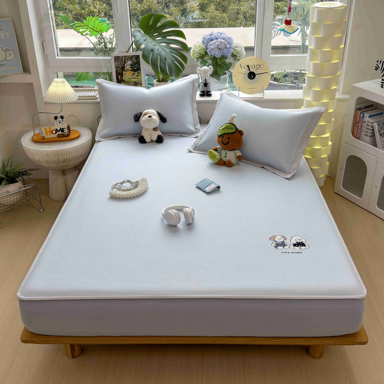 91家纺网 家纺一手货源 找家纺 孩子王家纺 2026春夏新款可机洗冰豆豆冰丝席凉席席子a类母婴级婴儿可用凉感值过0.21 可爱小狗 床笠款