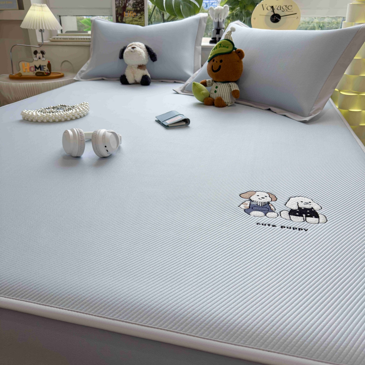 91家纺网 家纺一手货源 找家纺 孩子王家纺 2026春夏新款可机洗冰豆豆冰丝席凉席席子a类母婴级婴儿可用凉感值过0.21 可爱小狗 床笠款