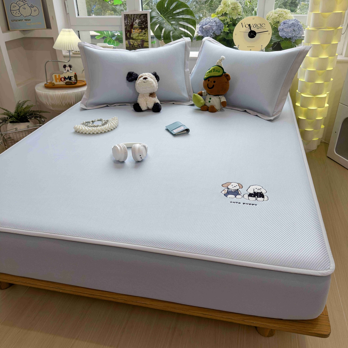 91家纺网 家纺一手货源 找家纺 孩子王家纺 2026春夏新款可机洗冰豆豆冰丝席凉席席子a类母婴级婴儿可用凉感值过0.21 可爱小狗 床笠款