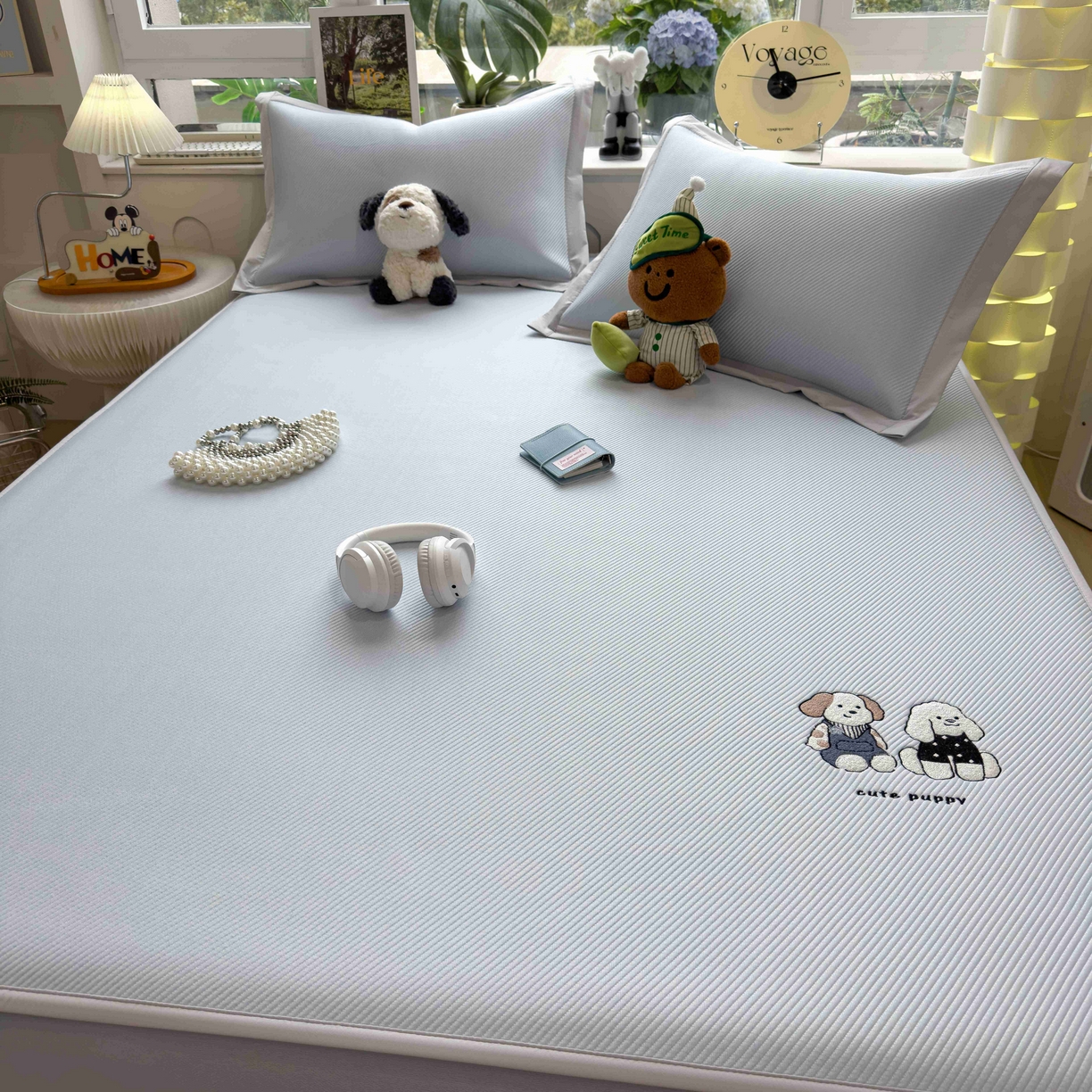 91家纺网 家纺一手货源 找家纺 孩子王家纺 2026春夏新款可机洗冰豆豆冰丝席凉席席子a类母婴级婴儿可用凉感值过0.21 可爱小狗 床笠款