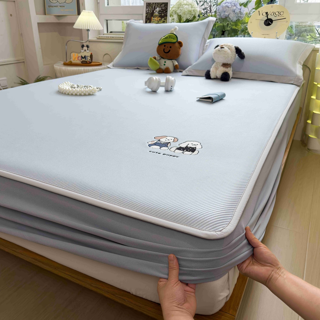 91家纺网 家纺一手货源 找家纺 孩子王家纺 2026春夏新款可机洗冰豆豆冰丝席凉席席子a类母婴级婴儿可用凉感值过0.21 可爱小狗 床笠款