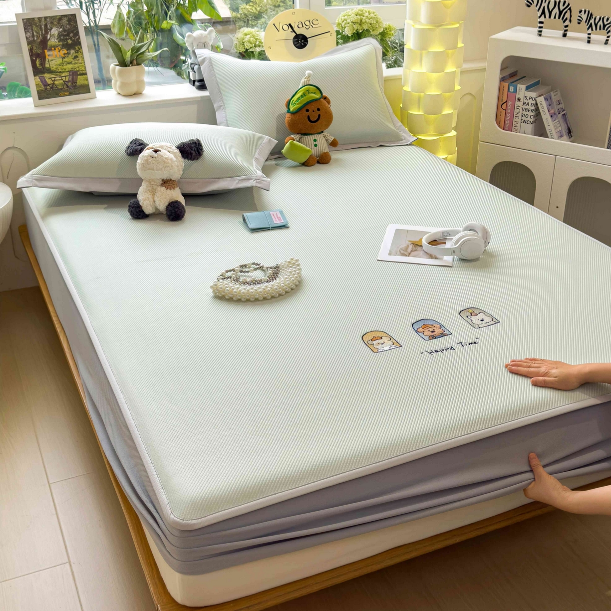 91家纺网 家纺一手货源 找家纺 孩子王家纺 2026春夏新款可机洗冰豆豆冰丝席凉席席子a类母婴级婴儿可用凉感值过0.21 萌趣时光 床笠款