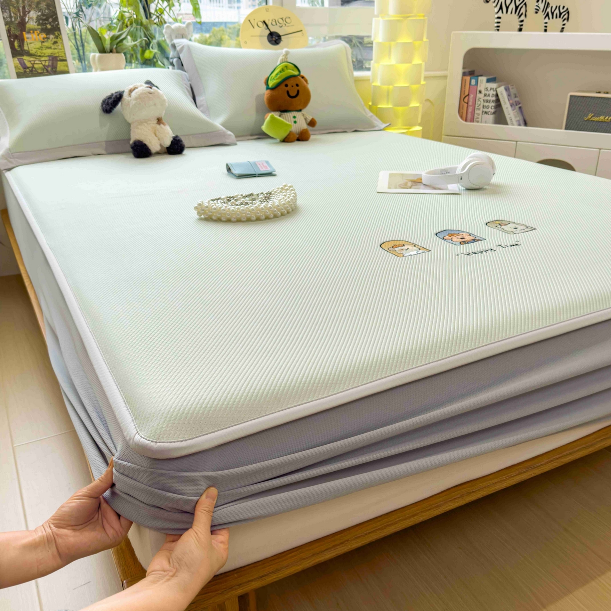 91家纺网 家纺一手货源 找家纺 孩子王家纺 2026春夏新款可机洗冰豆豆冰丝席凉席席子a类母婴级婴儿可用凉感值过0.21 萌趣时光 床笠款