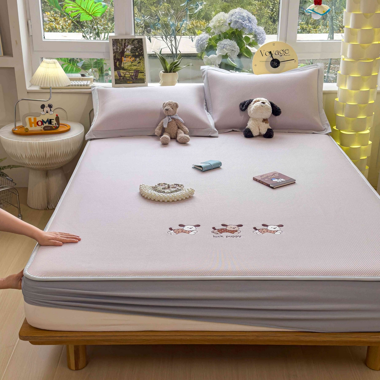 91家纺网 家纺一手货源 找家纺 孩子王家纺 2026春夏新款可机洗冰豆豆冰丝席凉席席子a类母婴级婴儿可用凉感值过0.21 趴趴狗 床笠款