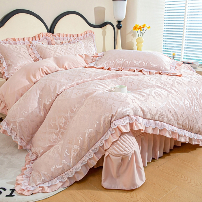 91家纺网 家纺一手货源 找家纺 （总）畅畅家纺 2026新款春夏高档轻奢韩版提花花边床盖四件套水洗真丝冰丝套件