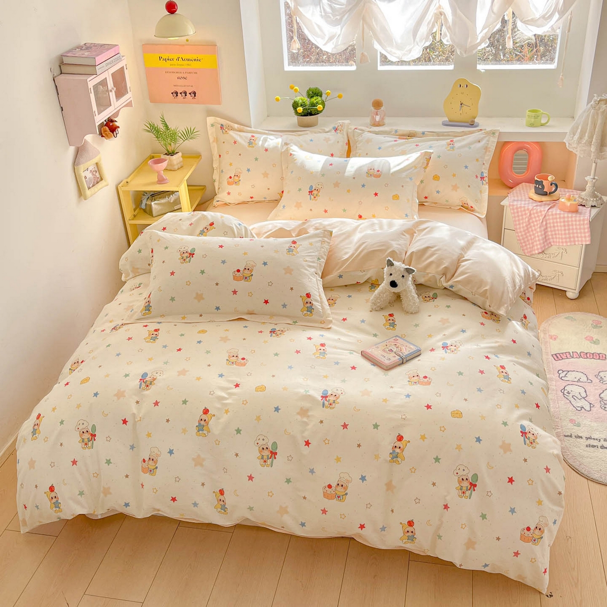 91家纺网 家纺一手货源 找家纺 涵宸家纺 2026新款全棉印花小清新四件套 快乐小星