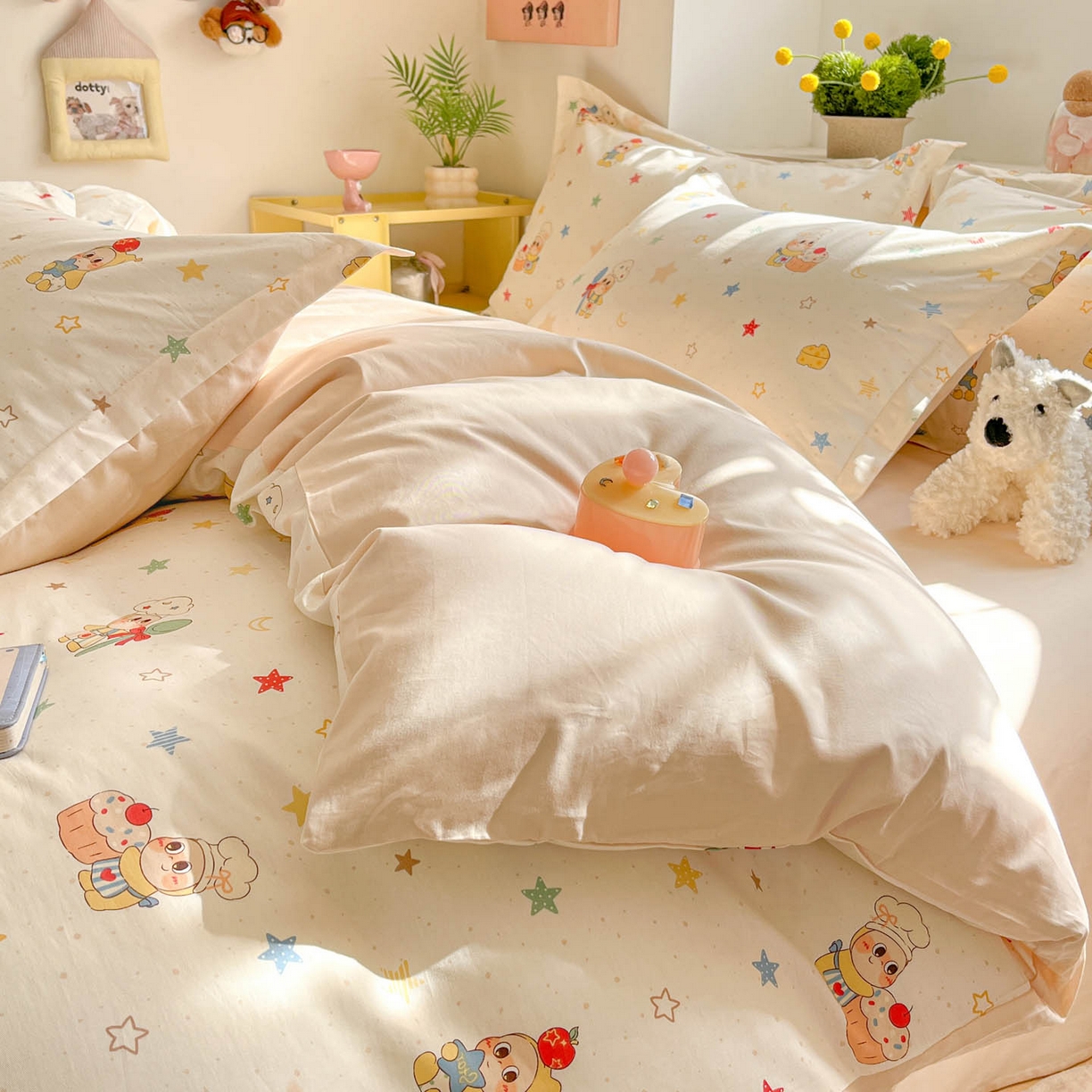 91家纺网 家纺一手货源 找家纺 涵宸家纺 2026新款全棉印花小清新四件套 快乐小星